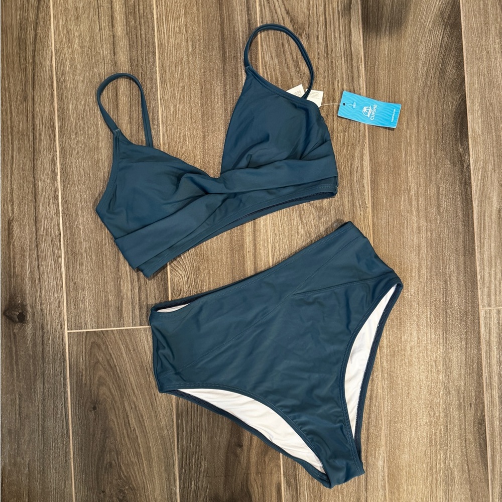 Marsala Nail Blue Twist High Waist Bikini Set